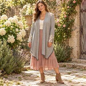 Knox Rose Duster Womens Cardigan Top Sz L Boho Lace Cottage Romantic Hi Low Cozy